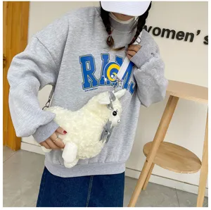 Cute plush alpaca crossbody bag for women, sweet cartoon animal shoulder bag with bow.