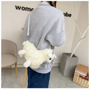 Cute fluffy plush alpaca crossbody bag with bow for women, sweet Japanese daily fashion style.