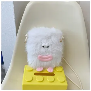 Close-up view of the cute white plush crossbody bag featuring funny sausage lips and soft texture.