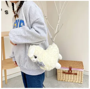 Cute fluffy alpaca plush crossbody bag for women, sweet Japanese style stuffed animal shoulder bag.