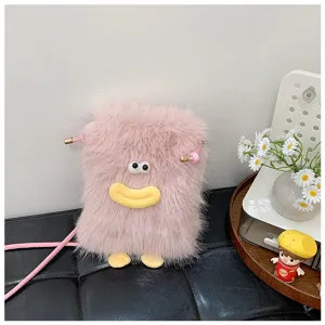 Cute plush mini crossbody bag with funny lips and soft pink fur for women and girls daily.