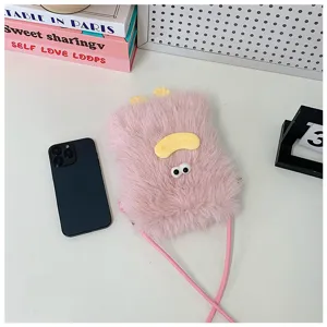 Cute fluffy pink plush phone bag crossbody bag with funny lips and cute googly eyes detail