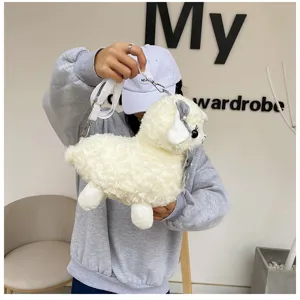 Cute plush alpaca cross-body bag with bow detail, fluffy white animal doll handbag for girls.