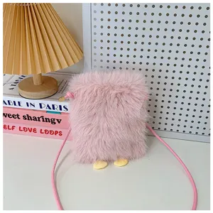Detailed view of the cute pink plush crossbody phone bag with fluffy texture and cute feet.