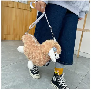 Cute plush alpaca crossbody bag with bow for women, sweet Japanese style daily shoulder purse.