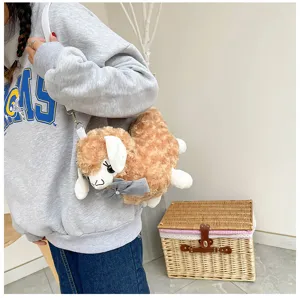 Cute cartoon plush alpaca shoulder bag with grey bow, soft fluffy cross-body bag for sweet girls.