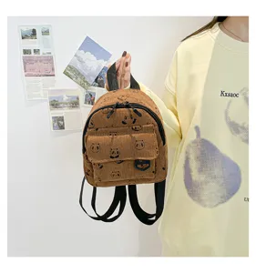 Brown corduroy mini backpack with cute panda print, casual everyday style for women and girls.