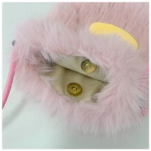Pink plush furry mini crossbody phone bag detail view, cute fluffy purse with strap.