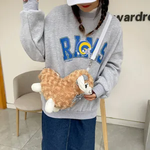 Women Cute Plush Alpaca Crossbody Bag Japanese Sweet Bowknot Shoulder Bag Soft Cartoon Animal Messenger Bag