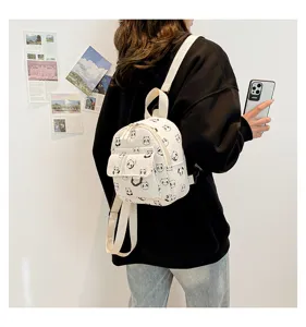 Mini corduroy backpack for women cute panda print casual small school bag daily commute daypack