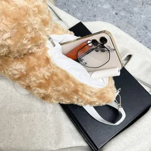 Fluffy plush crossbody bag cute stuffed animal shoulder bag with zipper and daily storage capacity.