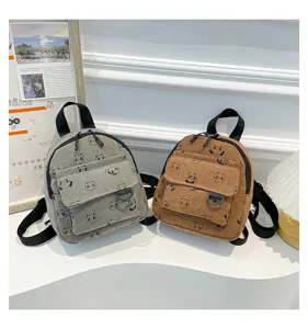 Corduroy mini backpack cute cartoon panda print casual daypack for women and students.