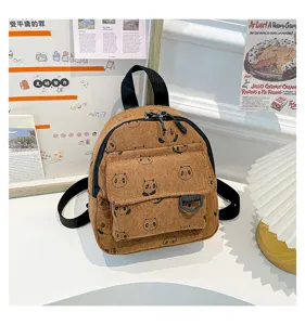 Mini corduroy backpack cute cartoon panda print casual school bag for women daily commute