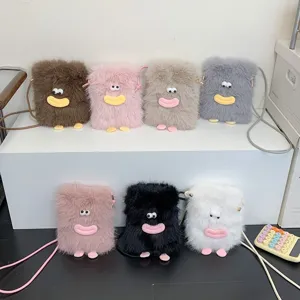 Fluffy cute plush cross body phone bag funny monster shoulder handbag for winter daily use