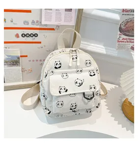 Cute mini white backpack for women and students with lovely panda pattern and front pocket.