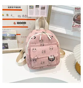 Pink corduroy mini backpack with cute panda print, perfect for daily commuting and casual use.