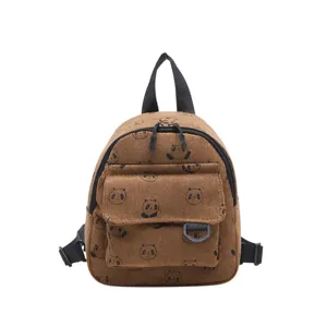 Cute brown corduroy mini backpack with allover panda face print for casual daily wear.
