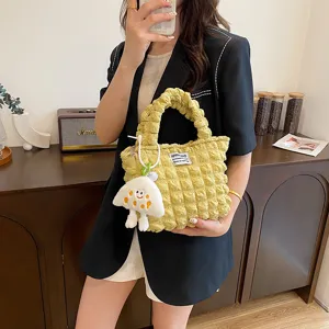 Women Pleated Waffle Fabric Handbag Cute Bubble Tote Bag Fashion Casual Top Handle Shoulder Bag With Cute Plush Pendant