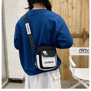 Borsa a tracolla casual in tela da donna, elegante design in bianco e nero con cinturino.