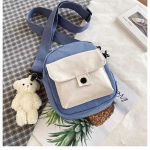 Korean ins style canvas crossbody bag with cute bear pendant, casual student shoulder bag.