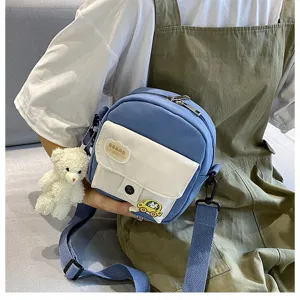 Canvas crossbody bag cute small shoulder bag for women with plush bear pendant and patch