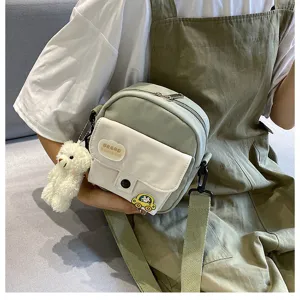 Korean style Harajuku sweet girl crossbody bag cute student phone shoulder bag with bear pendant.