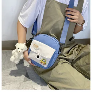 Canvas crossbody bag for women, Japanese Harajuku style shoulder bag with cute bear pendant.