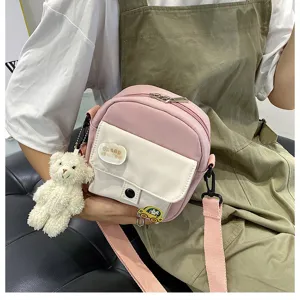 Cute pink white crossbody bag with plush bear pendant ins style sweet shoulder bag for girls