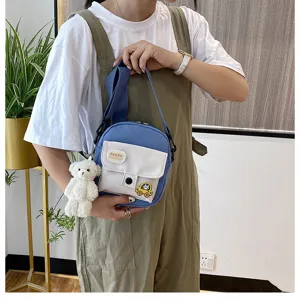 Canvas crossbody bag for women cute student shoulder bag with bear pendant and pocket style