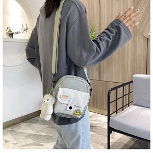 Korean ins style cute canvas crossbody bag for women, harajuku shoulder phone bag with plush bear.