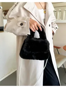 Korean style fluffy crossbody bag for women with elegant pearl chain and soft faux fur.