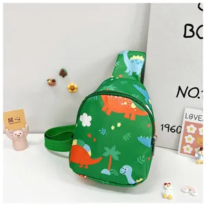 Borsa a tracolla verde con dinosauro per bambini, marsupio stampato cartoon per uso quotidiano.