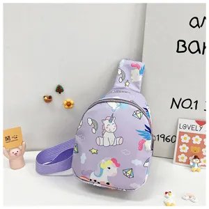 Borsa a tracolla carina viola con unicorno per bambini, elegante borsa da petto in stile cartone.