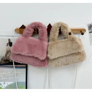 Korean style plush handbag with pearl chain, soft furry crossbody bag for women.