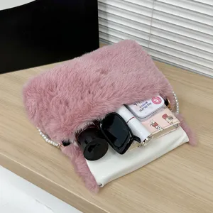Korean style cute fluffy plush handbag for women, chic pink faux fur bag with pearl chain.