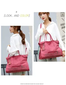 Women retro matte PU leather shoulder bag large capacity casual handbag with rivets tassel