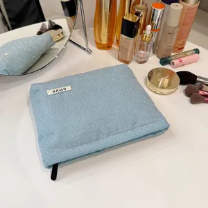 Blauwe glinsterende cosmetische tas grote capaciteit make-up etui opbergtas met ritssluiting