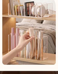 Transparent acrylic makeup organizer vertical eyeshadow palette and skincare storage rack.