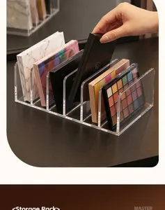 Clear acrylic makeup palette organizer holder, vertical multi-slot cosmetic storage rack.