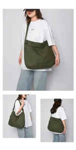 Detailed view of the large capacity canvas shoulder bag worn by model, casual style.