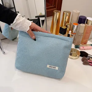 Blauwe glitter make-uptas, grote capaciteit cosmetische etui en draagbare opberg clutch tas.