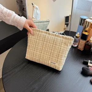 Tweed cosmetic bag chic plaid makeup pouch large capacity toiletry organizer for women daily use