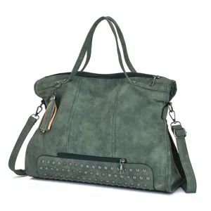 Green PU leather rivet tote bag detail view, retro style shoulder handbag with tassel.