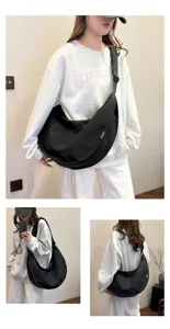 Black nylon dumpling shoulder bag, minimalist large capacity waterproof crossbody bag for daily use.
