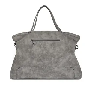 Gray PU leather vintage tote bag, large capacity shoulder handbag with zipper pocket detail.