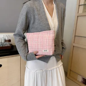 Pink tweed cosmetic bag large capacity makeup pouch elegant stylish toiletry storage bag women