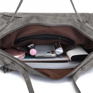 Grey matte PU leather women shoulder bag handbag large capacity interior detail view
