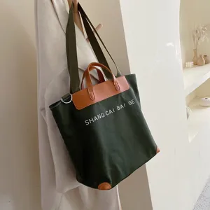 Women Canvas Tote Bag Large Capacity Casual Shoulder Crossbody Bag Retro Letter Printed Daily Commuter Handbag