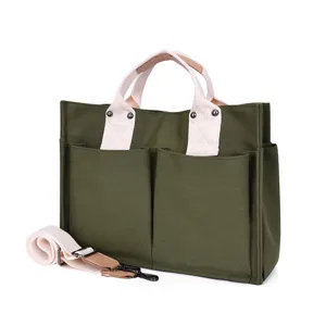 Women Large Capacity Canvas Tote Bag Casual Solid Color Shoulder Bag Multi Pocket Handbag Daily Commute Travel Bag