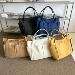 Large Capacity Canvas Tote Bag For Women Casual Solid Color Shoulder Bag Multi-Pocket Commuter Handbag Daily Shopping Bag